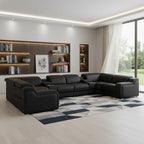 Black Italian Leather Power Reclining U Shaped Eight Piece Corner Sectional With Console