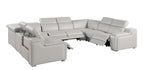 Light Gray Italian Leather Power Reclining U Shaped Eight Piece Corner Sectional With Console