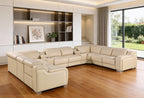 Beige Italian Leather Power Reclining U Shaped Ten Piece Corner Sectional With Console