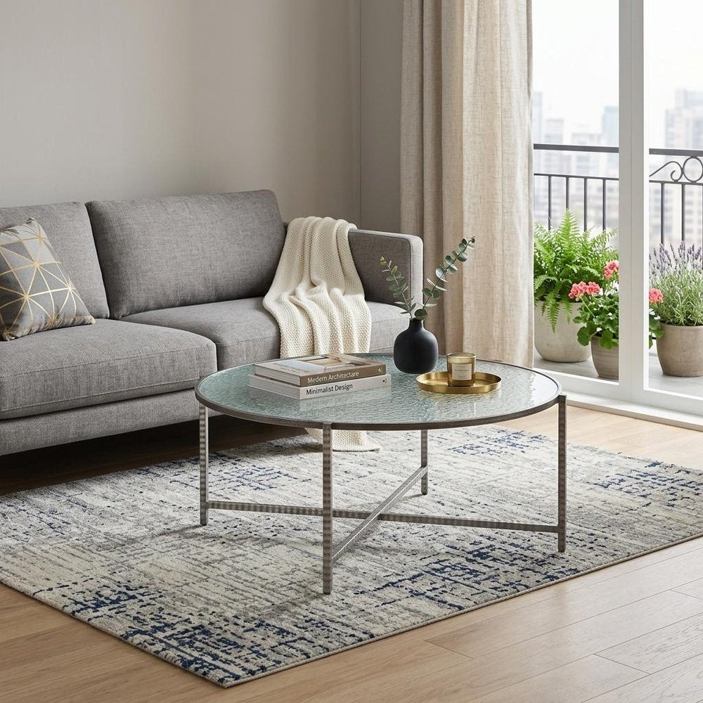 41" Silver Glass and Steel Round Cross Legs Coffee Table