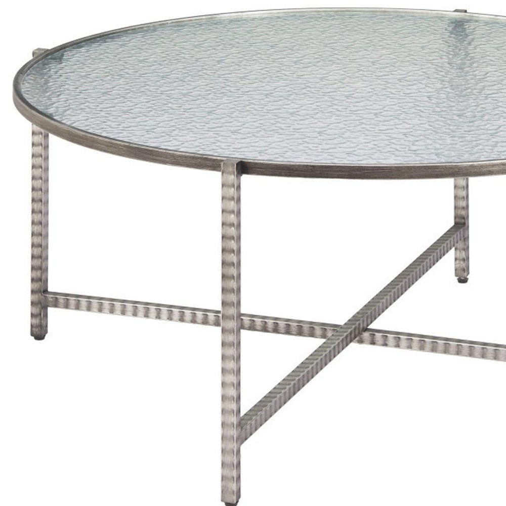 41" Silver Glass and Steel Round Cross Legs Coffee Table