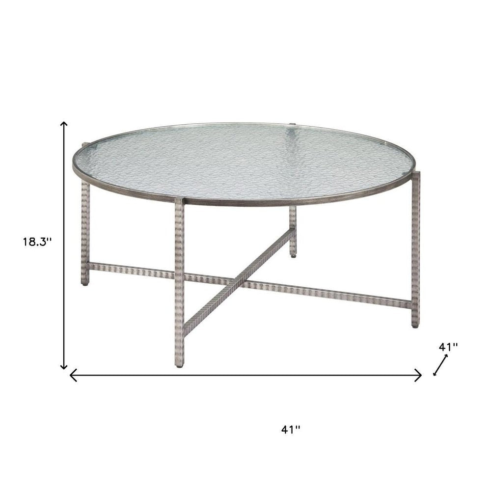 41" Silver Glass and Steel Round Cross Legs Coffee Table