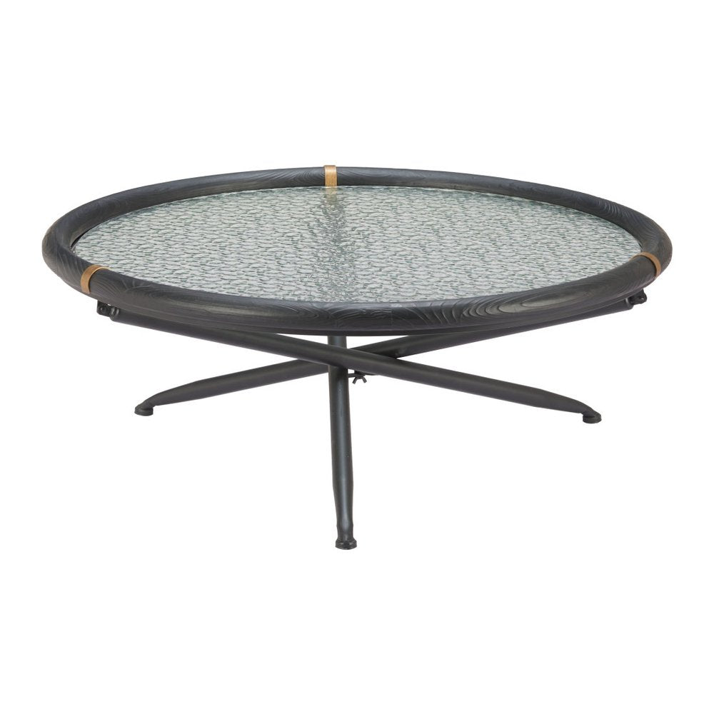 40" Black Glass Solid Wood and Steel Round Cross Legs Coffee Table