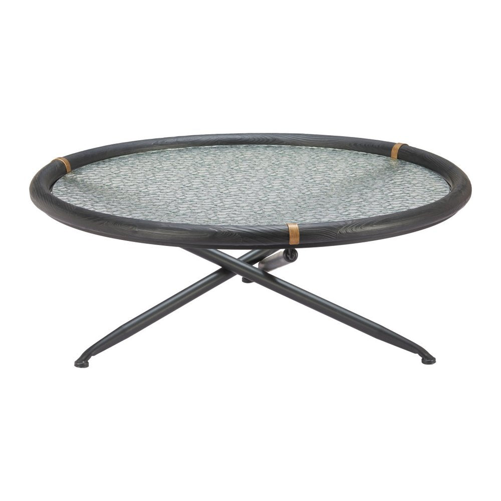 40" Black Glass Solid Wood and Steel Round Cross Legs Coffee Table