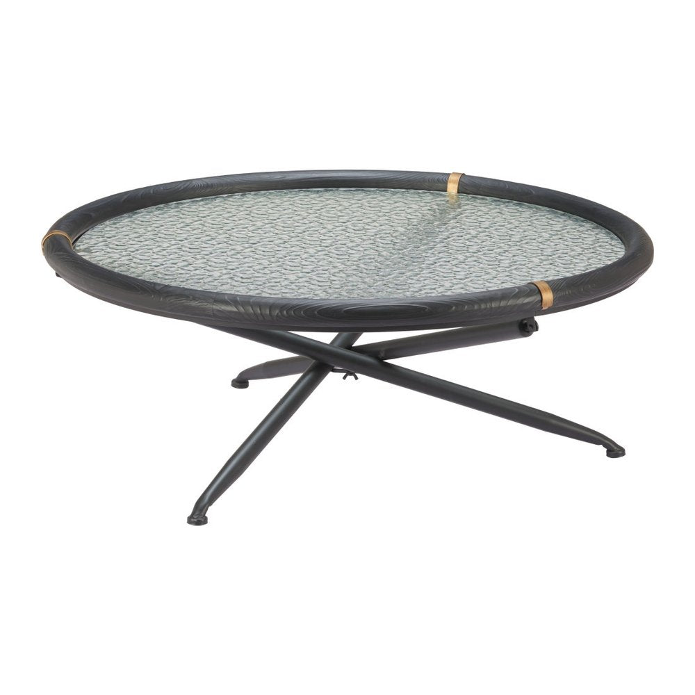 40" Black Glass Solid Wood and Steel Round Cross Legs Coffee Table