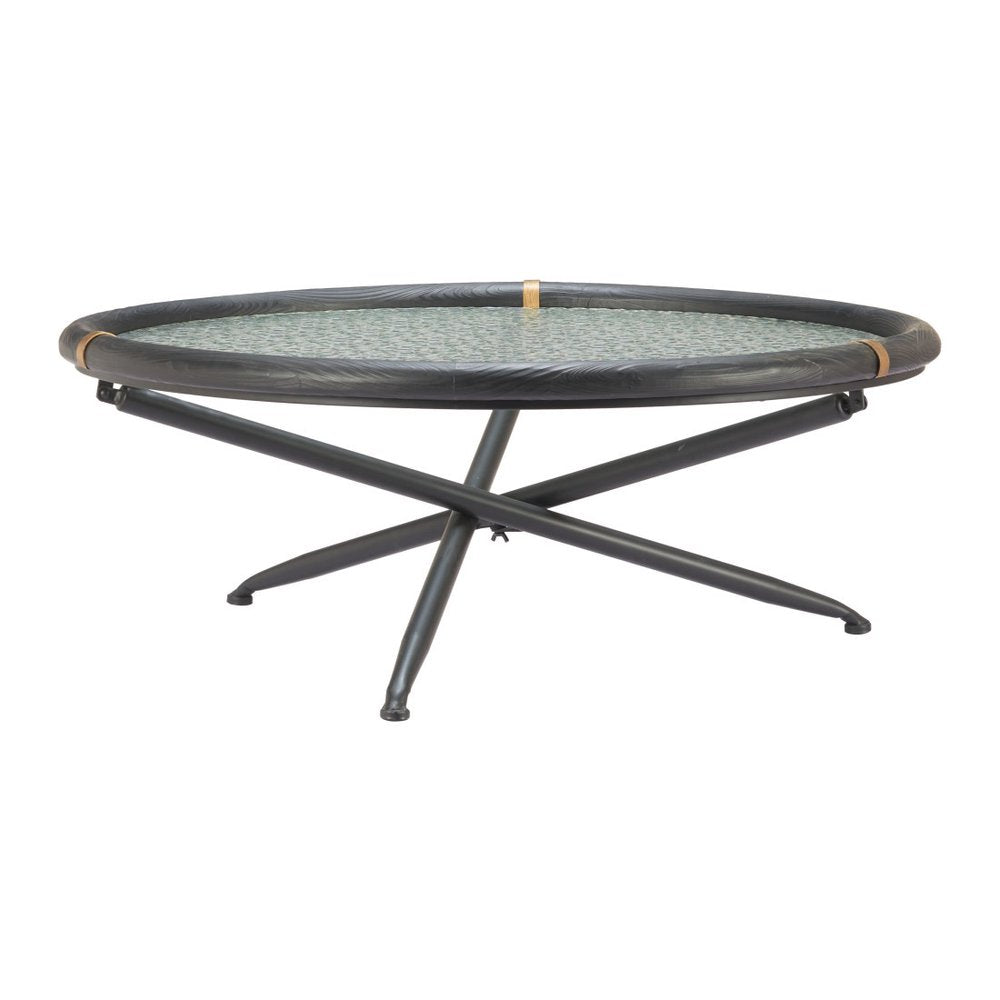 40" Black Glass Solid Wood and Steel Round Cross Legs Coffee Table