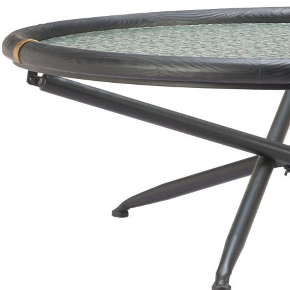 40" Black Glass Solid Wood and Steel Round Cross Legs Coffee Table