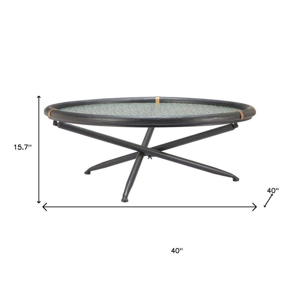 40" Black Glass Solid Wood and Steel Round Cross Legs Coffee Table