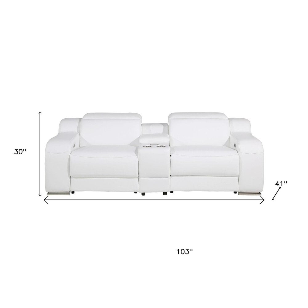 103" White Italian Leather Reclining USB Sofa