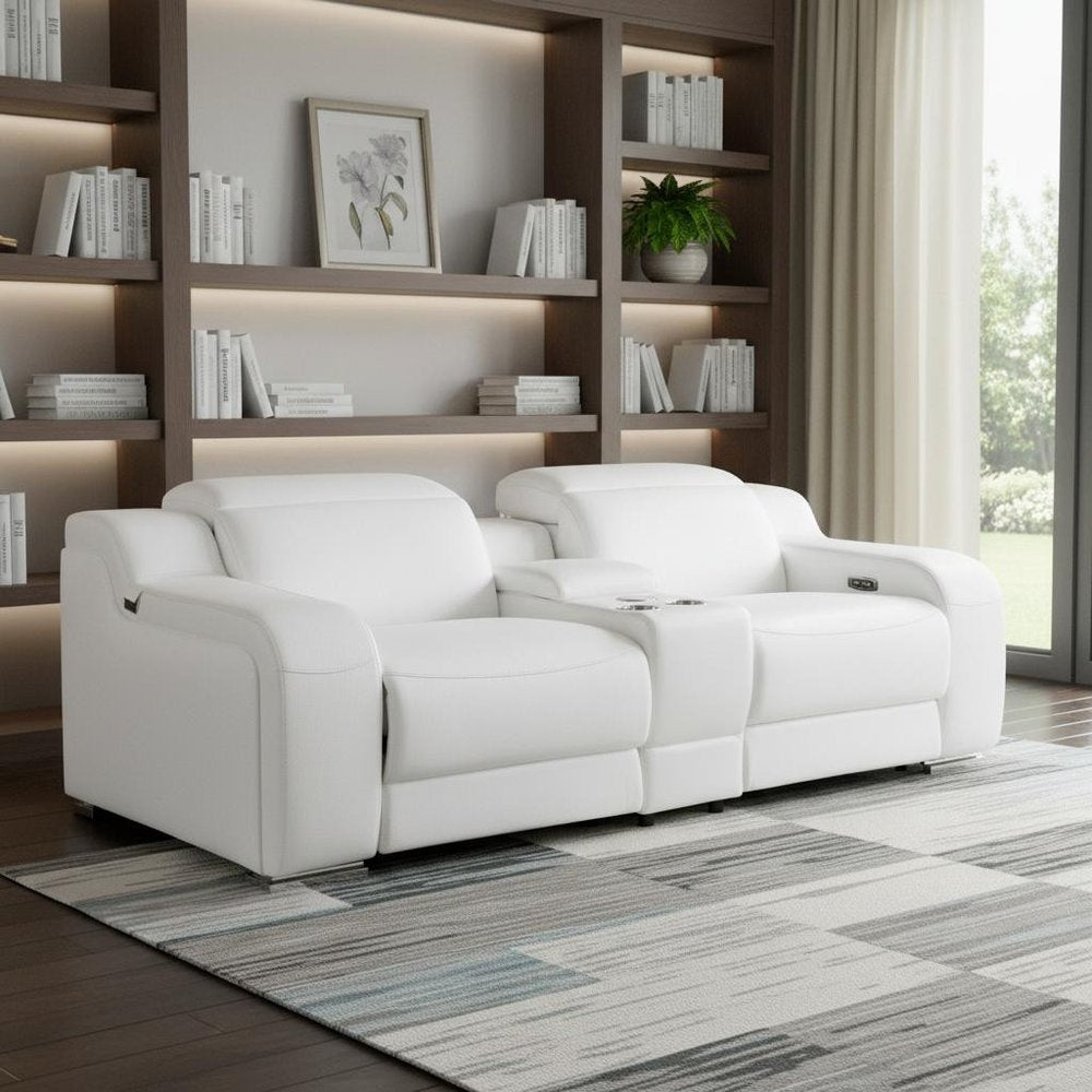 103" White Italian Leather Reclining USB Sofa
