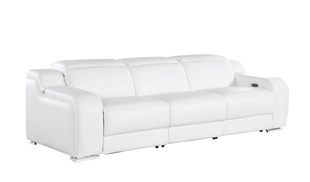 103" White Italian Leather Reclining USB Sofa