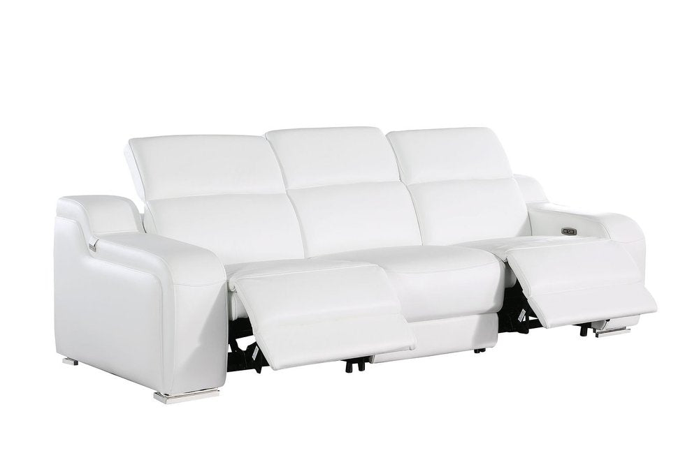 103" White Italian Leather Reclining USB Sofa