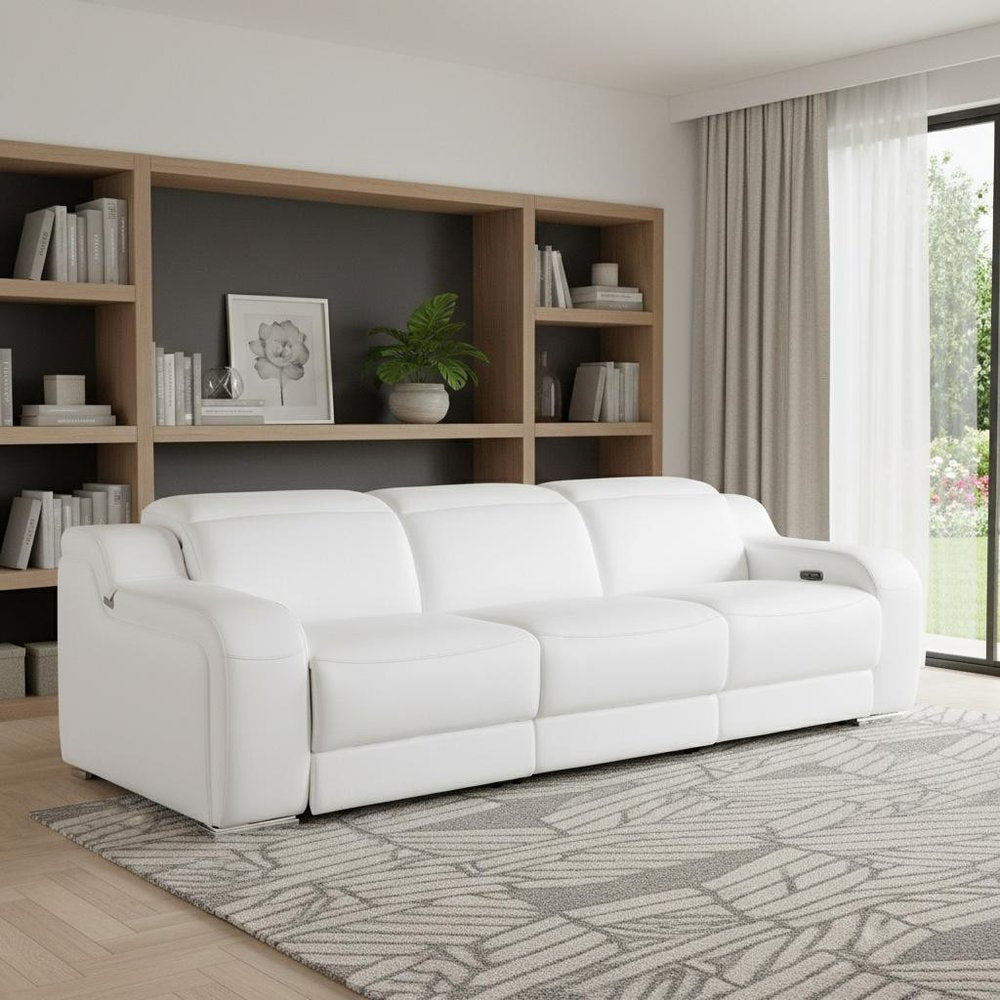 103" White Italian Leather Reclining USB Sofa