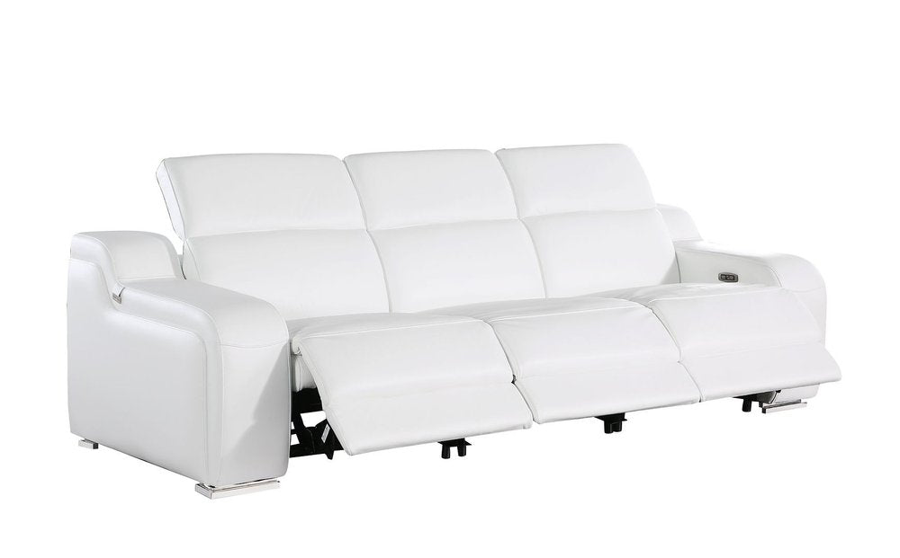 103" White Italian Leather Reclining USB Sofa