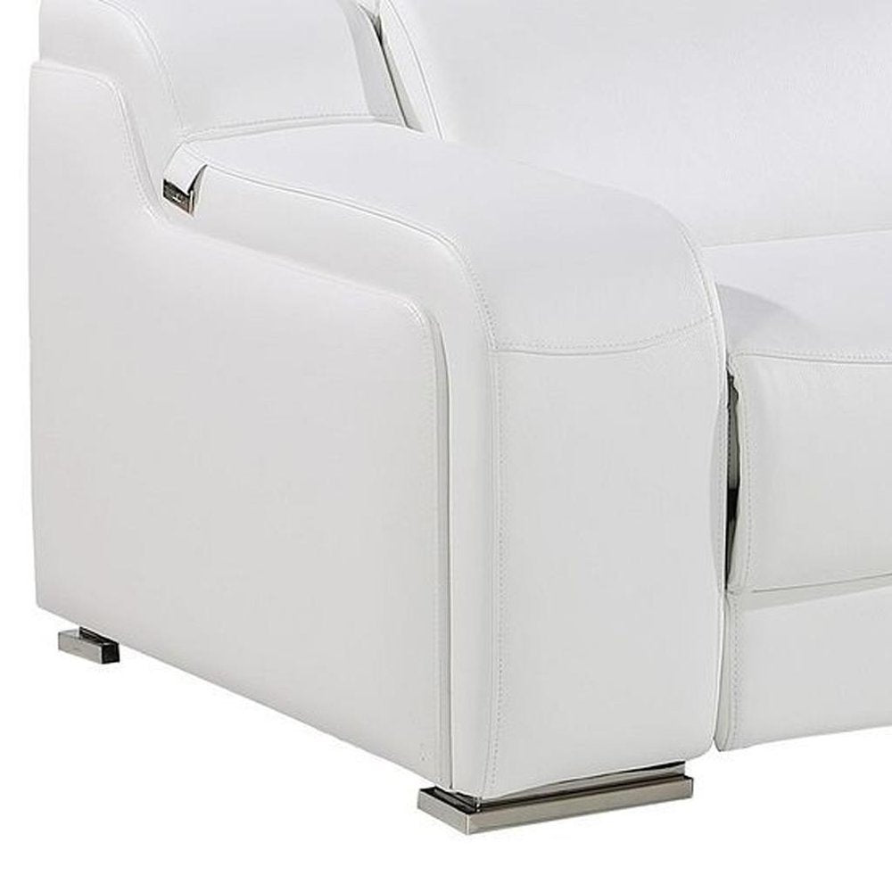 129" White Italian Leather Reclining USB Sofa And Storage