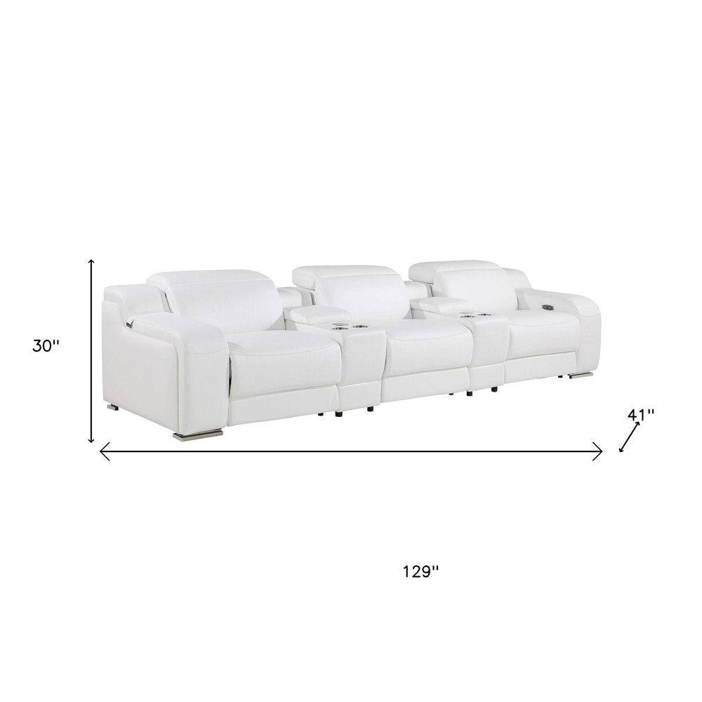 129" White Italian Leather Reclining USB Sofa And Storage