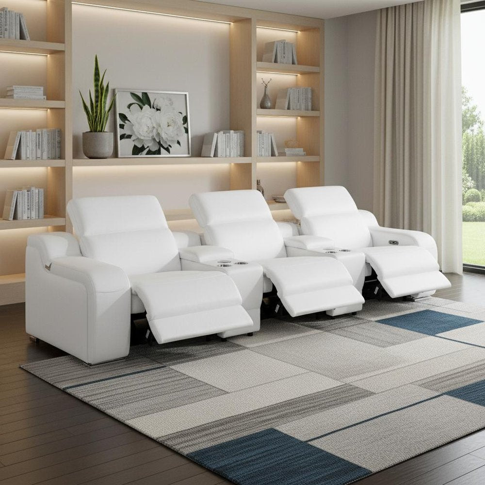 129" White Italian Leather Reclining USB Sofa And Storage