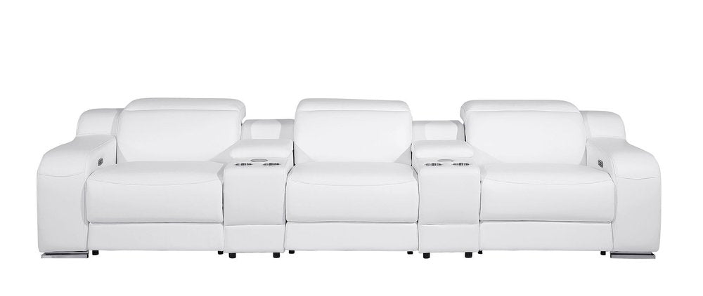 129" White Italian Leather Reclining USB Sofa And Storage