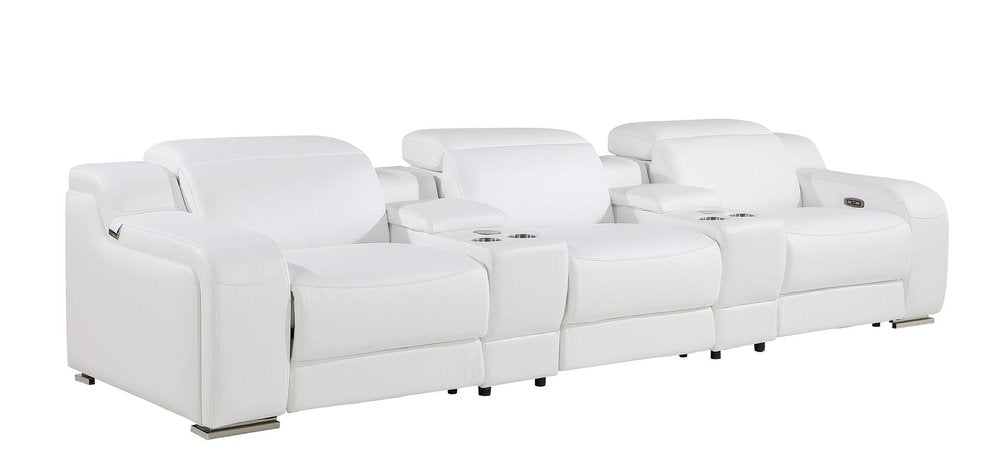 129" White Italian Leather Reclining USB Sofa And Storage