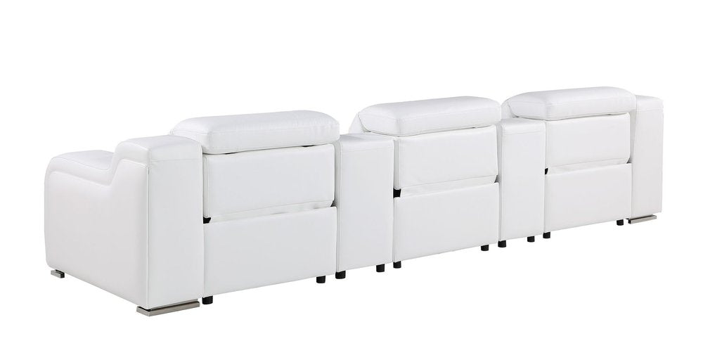 129" White Italian Leather Reclining USB Sofa And Storage