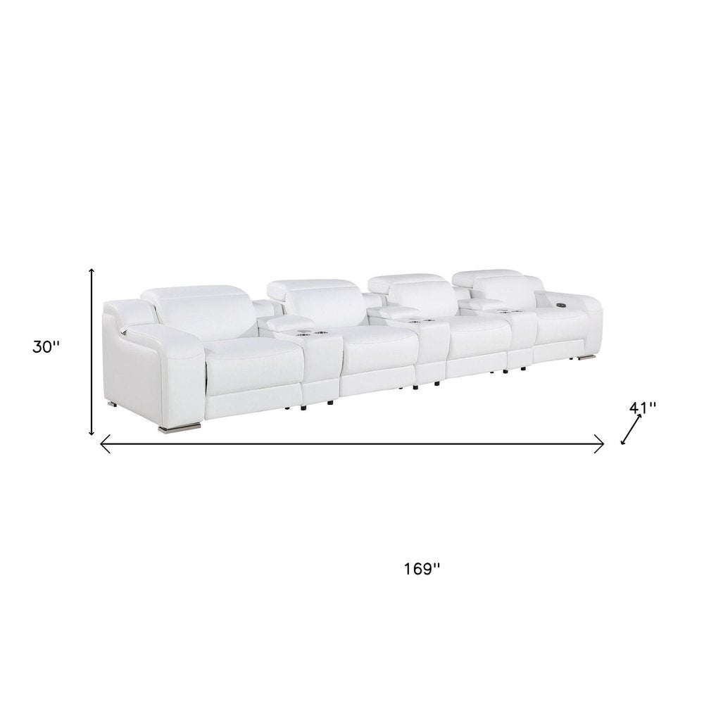 169" White Italian Leather Reclining USB and Wireless Charger Sofa And Storage