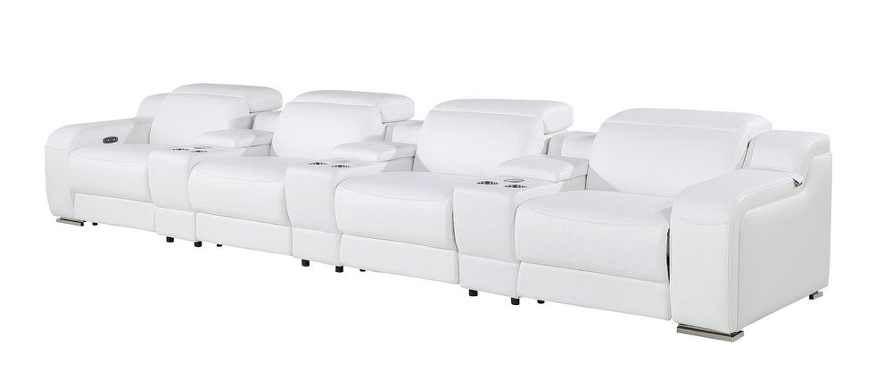 169" White Italian Leather Reclining USB and Wireless Charger Sofa And Storage