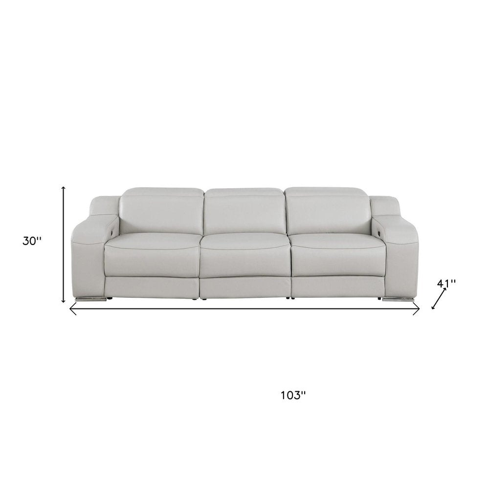 103" White Italian Leather Reclining USB Sofa