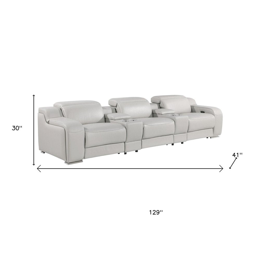 129" White Italian Leather Reclining USB Sofa And Storage