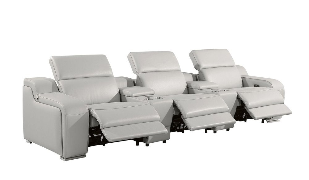 129" White Italian Leather Reclining USB Sofa And Storage
