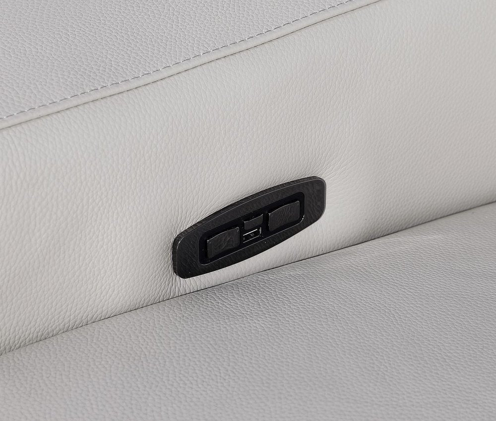 129" White Italian Leather Reclining USB Sofa And Storage