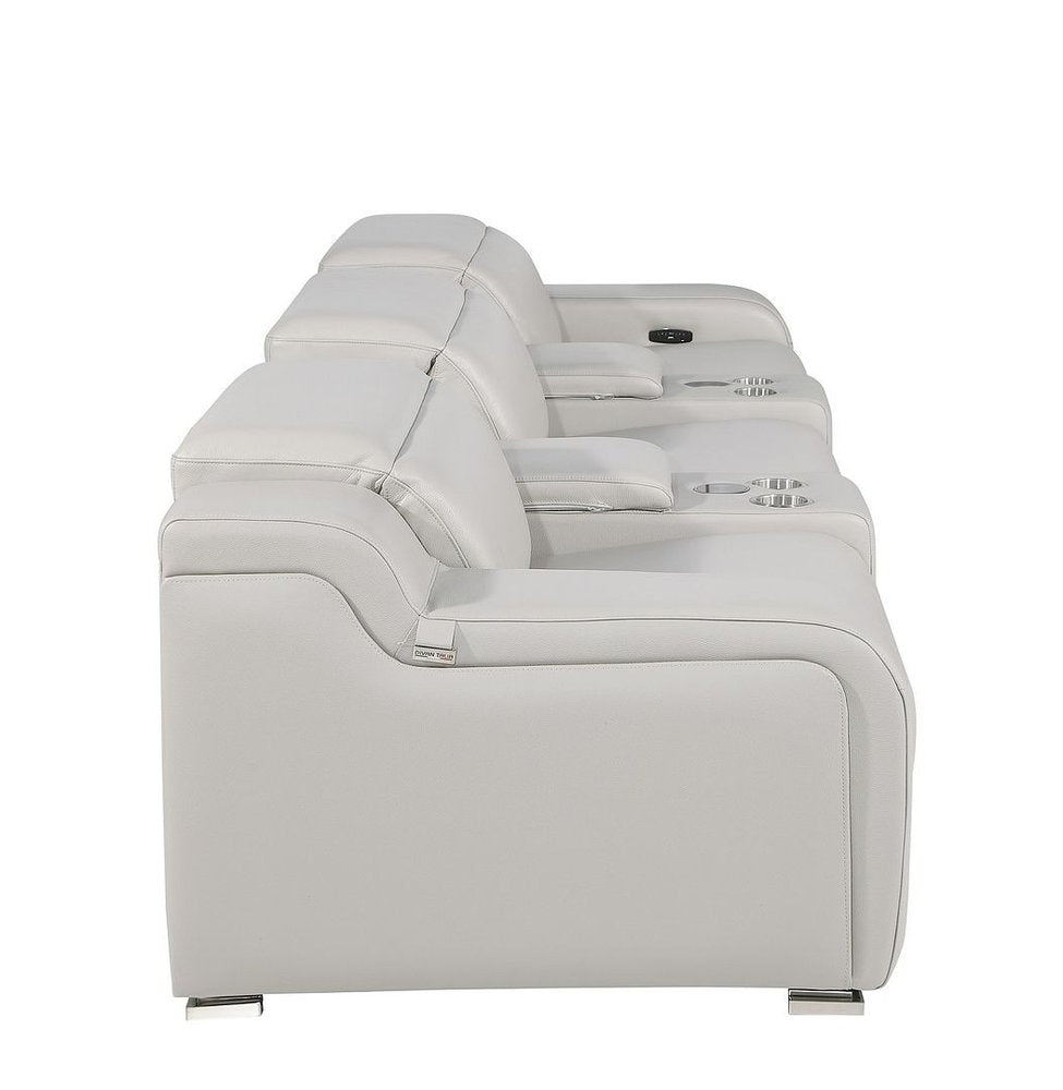 129" White Italian Leather Reclining USB Sofa And Storage