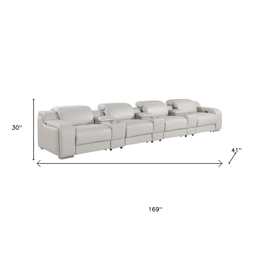169" White Italian Leather Reclining USB and Wireless Charger Sofa And Storage