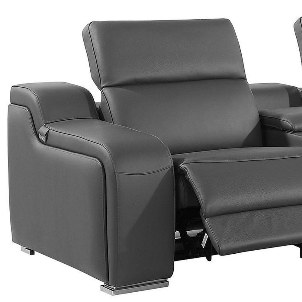 129" White Italian Leather Reclining USB Sofa And Storage