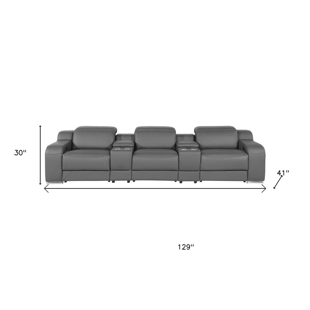 129" White Italian Leather Reclining USB Sofa And Storage