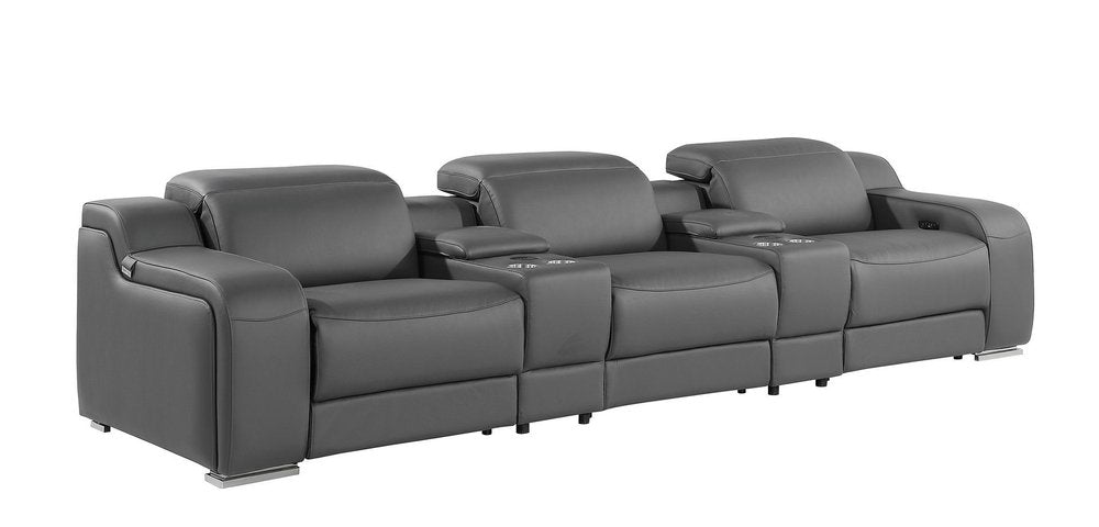 129" White Italian Leather Reclining USB Sofa And Storage