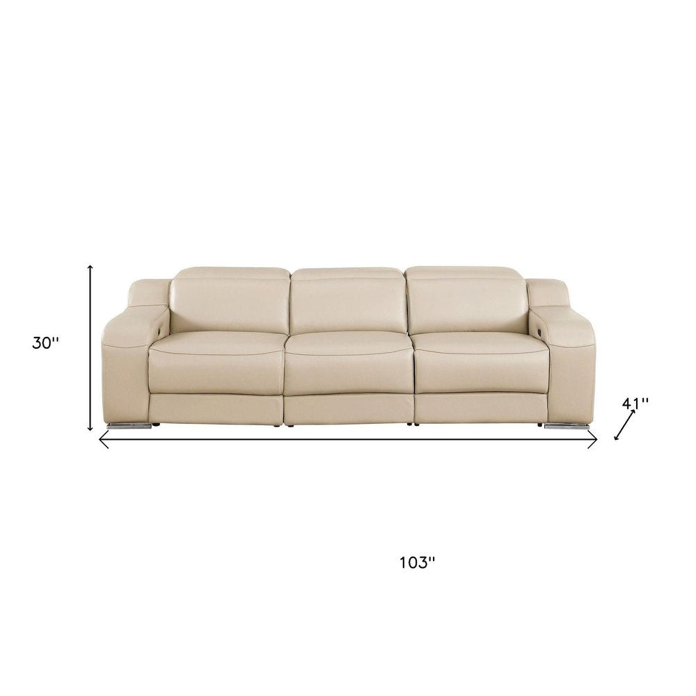 103" White Italian Leather Reclining USB Sofa