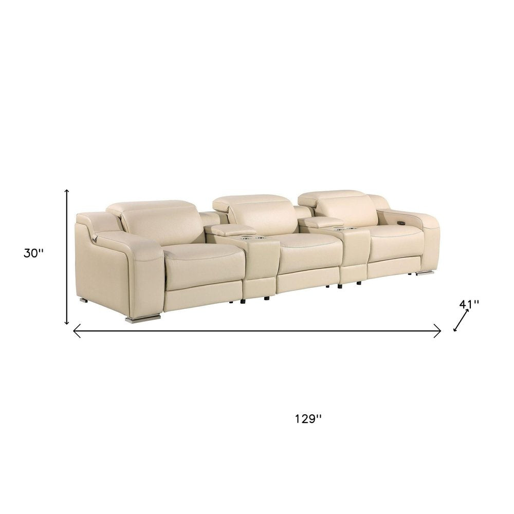 129" White Italian Leather Reclining USB Sofa And Storage