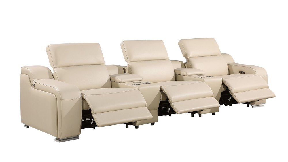 129" White Italian Leather Reclining USB Sofa And Storage