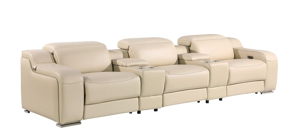 129" White Italian Leather Reclining USB Sofa And Storage