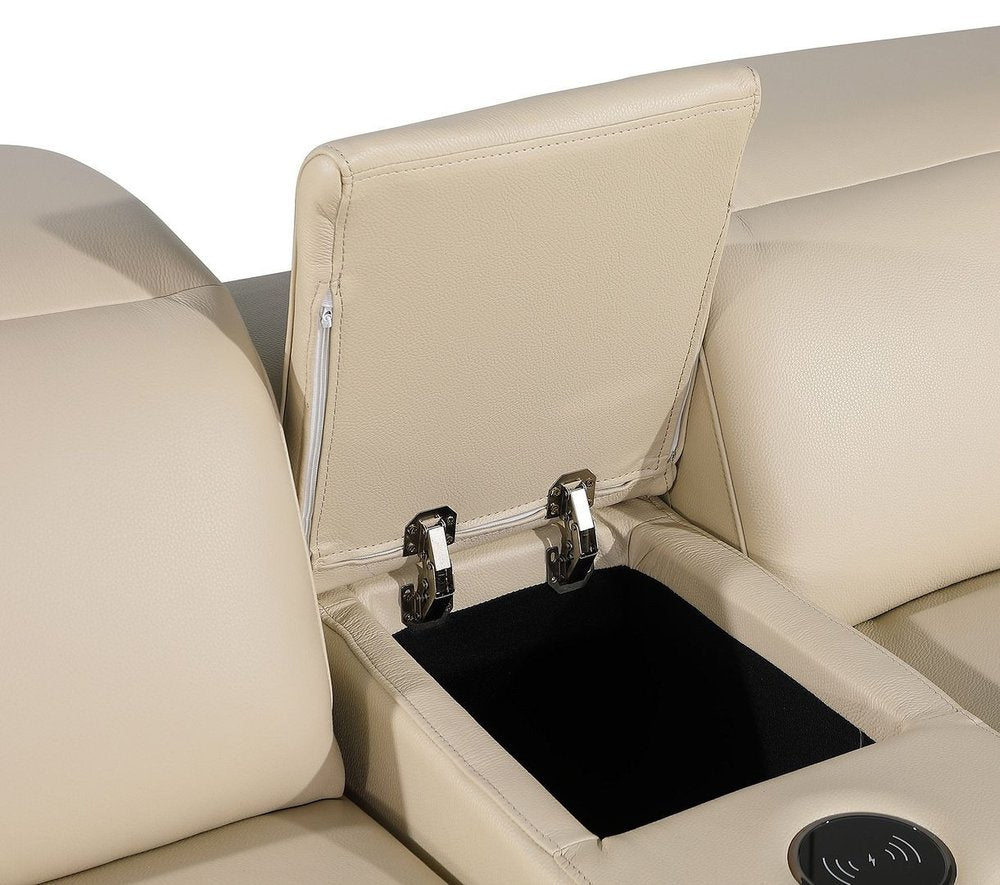 129" White Italian Leather Reclining USB Sofa And Storage