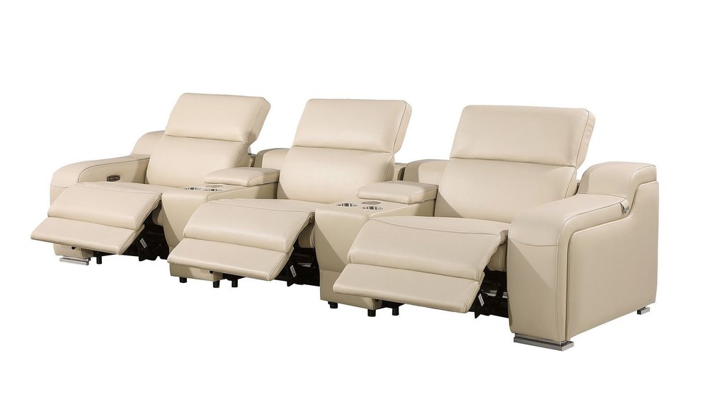 129" White Italian Leather Reclining USB Sofa And Storage