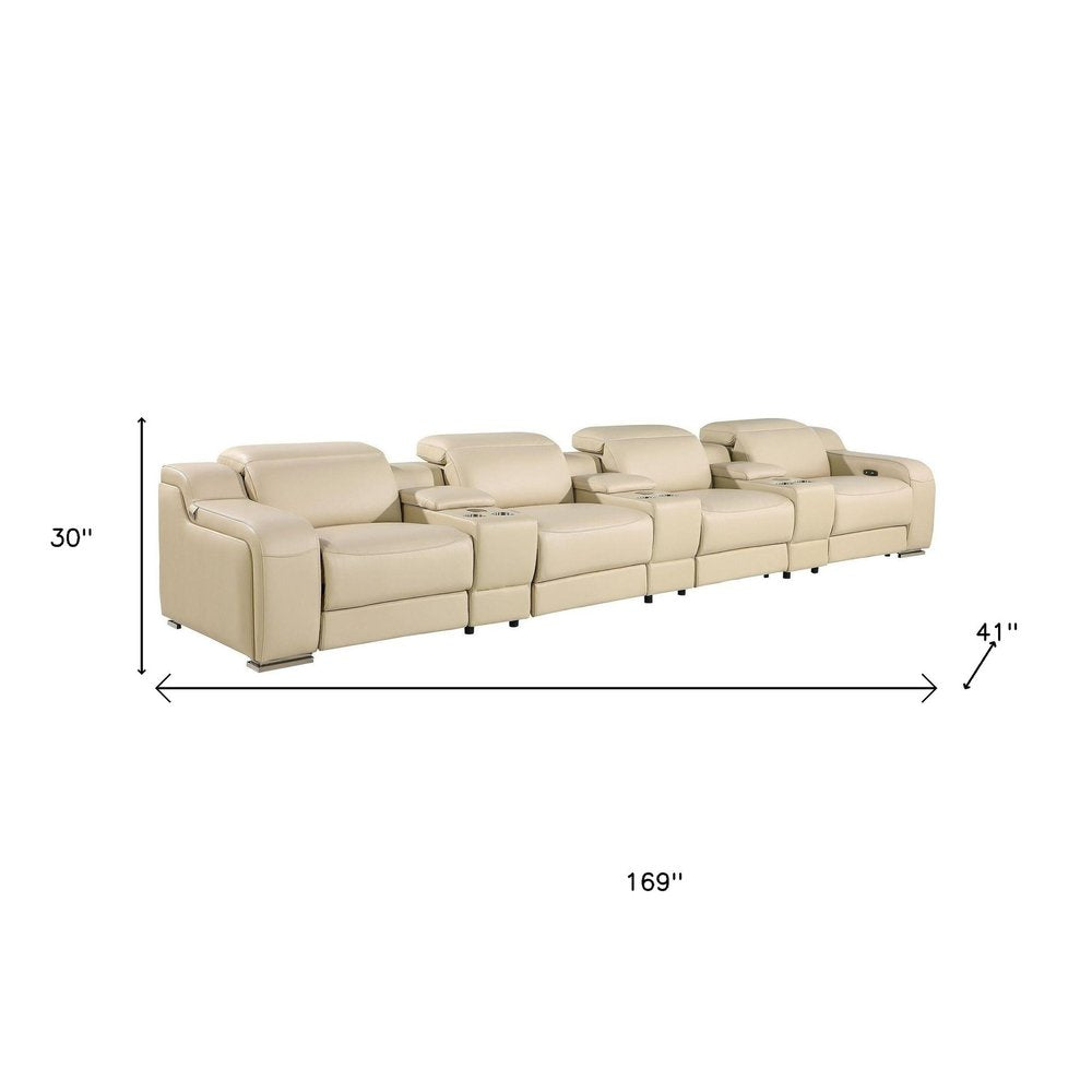 169" White Italian Leather Reclining USB and Wireless Charger Sofa And Storage