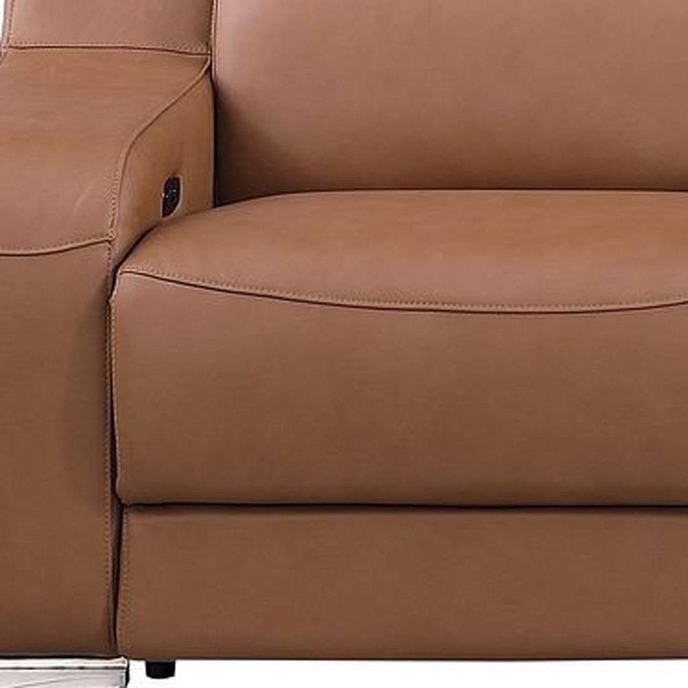 129" White Italian Leather Reclining USB Sofa And Storage