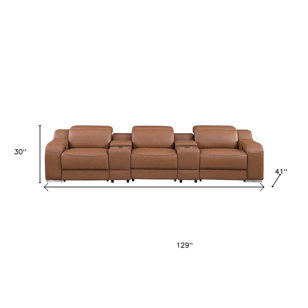 129" White Italian Leather Reclining USB Sofa And Storage