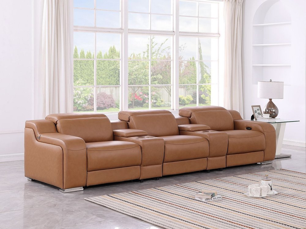 129" White Italian Leather Reclining USB Sofa And Storage