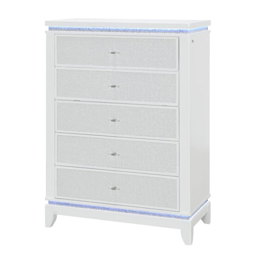 36" White Faux Crystal Glitter Wood Lighted Five Drawer Dresser