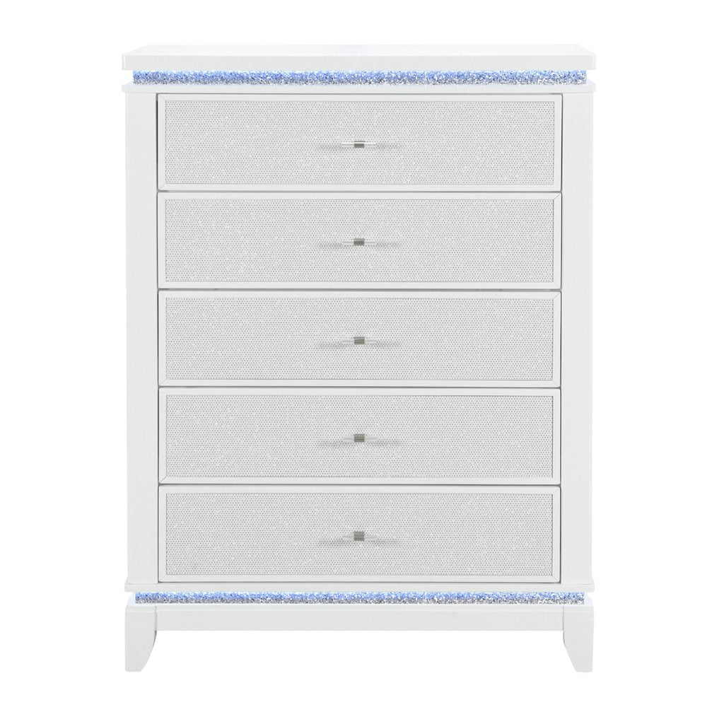 36" White Faux Crystal Glitter Wood Lighted Five Drawer Dresser
