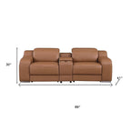 89" Cognac and Silver Italian Leather Power Reclining Loveseat With Storage