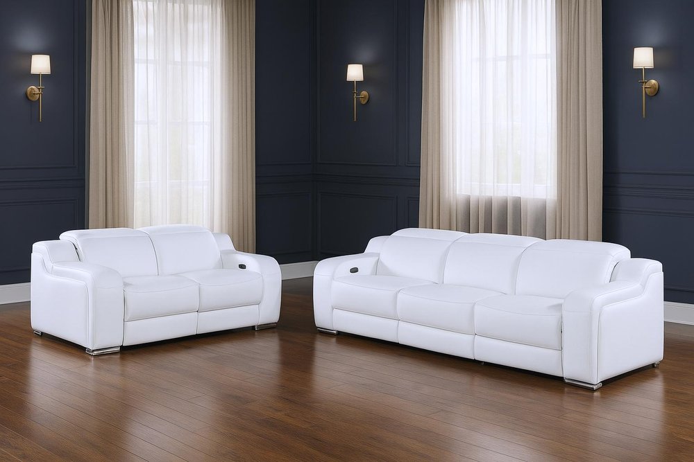 Two Piece White Leather Five Person Seating Set