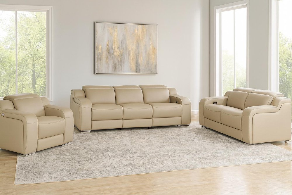 Three Piece Beige Leather Six Person Seating Set